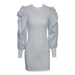 PERHAPS U Black Grey Stand Collar Puff Sleeve Long Sleeve Short Mini Dress Elegant Winter Autumn Runway Knitted Sheath D1528 210529