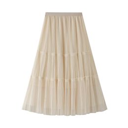 Women skirts A-line Pleated Long Tulle Skirt Spring summer Tutu Femme High Waisted sweet Soft Mesh Skirts 210524