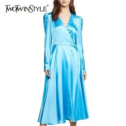 Summer Satin Dress For Women V Neck Puff Sleeve High Waist Sashes Solid Midi Dresses Female Fashion 210520