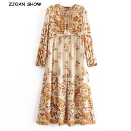 Bohemia Lacing up V neck Pteris flower Print Long Dress Khaki Ethnic WomanTassel Strappy Sleeve Holiday Dresses Beach 210429