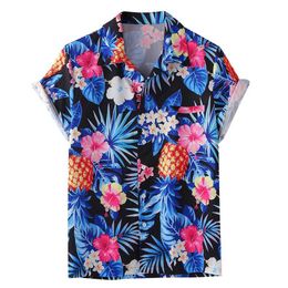 Hawaiian Shirt Mens Pineapple Plant Printed Chest Pocket Loose Light Casual Short Sleeve Beach Shirts 210527