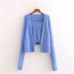 Causal Women Solid Blue Sweaters Fashion Ladies Streetwear Soft Loose Knitted Tops Elegant Female Chic Two Piece Set 210430