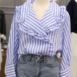 Spring Peter Pan Collar Stripe Full Shirt All Match Ruffles Womens Tops 210615