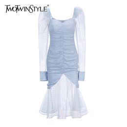 Patchwork Dot Sequin Dress For Women Square Collar Puff Long Sleeve High Waist Mesh Midi Dresses Female Fashion 210520
