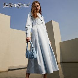 Solid Designer Dress For Women Lapel Long Sleeve High Waist Ankle Length Dresses Female Clothing Fashion 210520