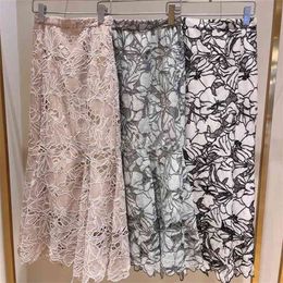 Sweet Chic Lace Hook Flower Design Skirts Womens Summer Fashion Feminino Hollow Out Trumpet Skirt High Waist Hip Long Jupe 210629