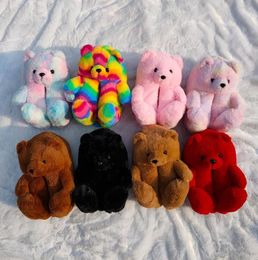 New Plush Teddy Bear Cute Rainbow Cartoon Indoor Slippers Non-Slip Mute Bedroom Office Soft Warm Winter Autumn 0227