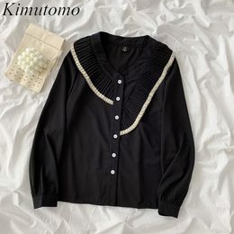 Kimutomo Solid Black Shirt Women Spring Korean Clothing Ladies V-neck Long Sleeve Casual Blouse Outwear Fashion 210521