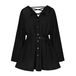 PERHAPS U Women Black Turn Down Collar Solid Shirt Dress Long Sleeve Sash A Line Elegant Mini Dress Female D2623 210529