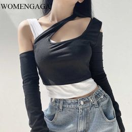 Autumn Feature Hollow-out Fake Two-piece Patchwork Sexy Navel T-shirt Casual Top Women Full Sleeve Irregular Tops WA88 210603