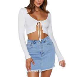 Women T-shirt Low-cut Chest Big Open V-neck Bandage Full Length Regular Sleeve Exposed Navel Solid Color Sexy Fashion Top 210522
