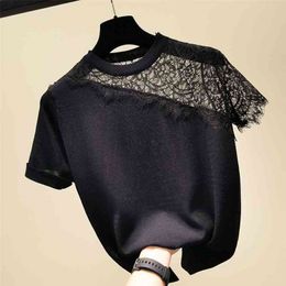 shintimes Lace Tshirt Women Hollow Out Black Striped Short Sleeve T Shirt Woman Clothes Knitted Summer Tops Tee Shirt Femme 210324