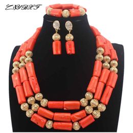 Earrings & Necklace African Orange Coral Beads Jewelry Set Nigerian Wedding Costume Bridal HD8590