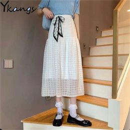 Blue White Tulle Skirts For Women Elastic Waist Mesh Tutu Skirt Soft Hollow Out Plaid Pleated Skirts Faldas Saias 210619