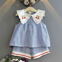Summer Sleeveless Stripe Printing 2pcs Toddler Children  Clothes Cotton Girl Set Tops + Shorts Kids Cute Outfits 210528