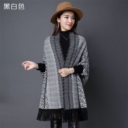 Leopard Wool Shawl Cape Coat Female Spring And Autumn Fringed Wild Korean Version Of The Scarf With Sleeves Knitted Cardigan 210427