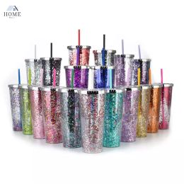 20 Colors! 24oz Plastic Glitter Tumbler with Lid and Straw Double Wall Insulated Tumbler Spipy cup Travel Cups Water Cup Reusable Cup With Straw WY9