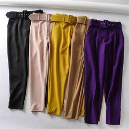 Women elegant black pants sashes pockets zipper fly solid ladies streetwear casual chic trousers pantalones 9 Colours 210706