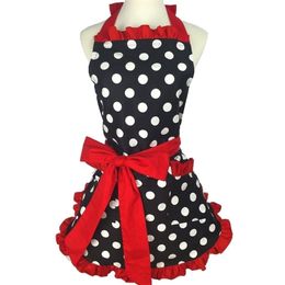 Retro Apron for Women Super Cute and Funny Bowknot with Pocket Adjustable Cotton Polka Dot Delicate Hemline Cooking Aprons 210629