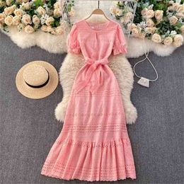 Spring Summer Fashion Fishtail Dress Women Vintage Round Collar Elegant Short Sleeve Clothes Vestidos De Mujer Q657 210527