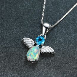 -925 Sterling Silber Angel Anhänger Halskette Opal Blau TOPAZ CZ Frauen Schmuck für Geschenk