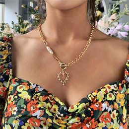 Vintage Gold Hollow CZ Zircon Heart Pendant Necklaces For Women Fashion Irregular Imitate Pearl Geometric Necklace Punk Jewelry