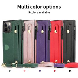 Shockproof Phone Cases for iPhone 14 13 12 11 Pro Max X XS XR 6 7 8 Plus Solid Color PU Leather Kickstand Protective Case with Shoulder Strap and Wrist Band