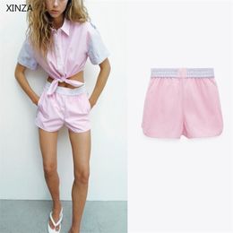 Women Patchwork Striped Summer Shorts Za Vintage Elastic Waist Pink Short Pants Fashion Casual High Waisted Feminino 210719