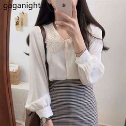 Spring French Tender Elegant Lace Peter Pan Collar Blouses Fashion Long Sleeve Solid Women Shirt Single Breasted 210601
