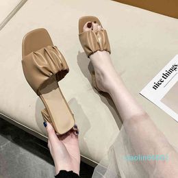 Fashion-Thick heel slippers women wear fairy style outside,summer fashion square head, middle heel French style one word cool drag