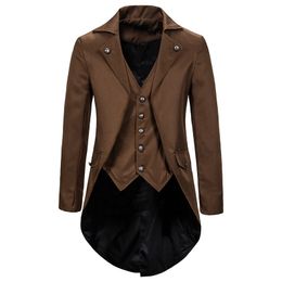 Retro Mens Gothic Blazers Jacket Coats Mediaeval Steampunk Men Blazer Fake Two Pieces Victorian Tuxedo Coat Men Cosplay Costume 210524