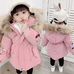 Baby Winter Girls Fur Hooded Trench Coats Warm Clothes Children Kids Girl's Winterjas Fleece Jacket Parka 2 3 4 5 6 7 Years 211027