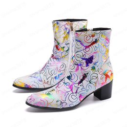 High Heel Men Boots White Genuine Leather Party Dress Boots Zipper Ankle Boots Club Man Formal Shoes
