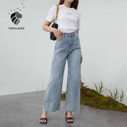 FANSILANEN High waist tassel wide leg jeans Women spring boyfriend ripped pants Female loose blue denim vintage 210607