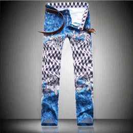 Fashion Summer Brand Printed Jeans Men's Splash Ink Small Feet Handsome Nightclub Hairdrer Slim Long Feather Flower Pants