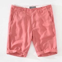 Red Shorts for Men Casual Summer Thin 100%Pure Linen Straight Shorts Solid Colour Loose Beach Holiday Short Pants 210601