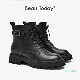 Ankle Boots Women Cow Leather Platform Motorcycle Metal Buckle Side Zipper Hasp Short Female Shoes Beautoday 04443
