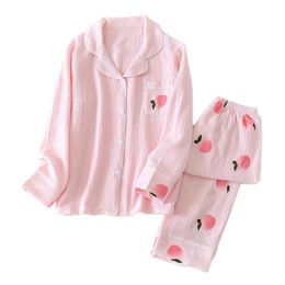 Fresh Peach sweet sleepwear women pajamas sets spring Japanese 100% cotton long-sleeved nightwear pyjamas homewear 210809