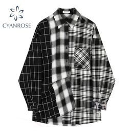 Oversized Plaid Patchwork Blouses Vintage Streetwear Boyfriend Shirt For Ladies Ulzzang Harajuku Long Sleeve Blusas Tops 210515