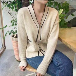 Autumn Winter Korean Knitted Cardigans Sweaters Women Long Sleeve V-neck Single-breasted Color-blocked Pocket Tops Cardigan 210513