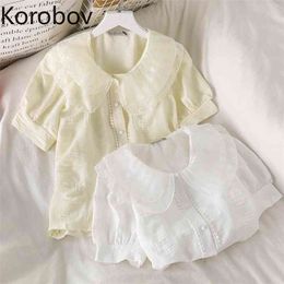 Korobov Short Sleeve Shirts Women Turn Down Collar Single Breasted Elegant Blouse Fmale Solid Color Summer New Tops Blusas Mujer 210430