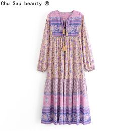 Summer Women's Boho Style Lace-Up Positioning Vintage Printing Long Sleeve Fringe Stitching Lace Dress 210514