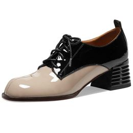 Cross Tied High Heels Pumps For Women Genuine Leather Platform Rouned Toe Shoes Working Basic Office Lady Dress