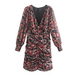 Long Sleeve V-Neck Floral Print Dress Elegant Pleated Summer Women Chiffon Ruffled Lantern Vestidos 210430