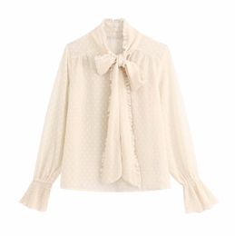 Stylish chic transparent bow tie blouses flare sleeve see through shirts female sweet tops mujer 210430