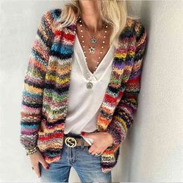 Women Elegant Multicolor Print Knitted Cardigans Sweater Autumn Winter Long Sleeve Coat Tops Ladies Casual Pocket Sweaters 210918