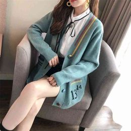 Cardigans Autumn Winter Women Cardigan Warm Knitted Sweater Jacket Pocket Embroidery Fashion Knit Coat Loose Sweaters 210427