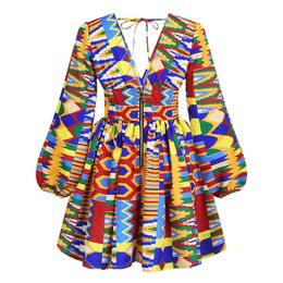 Print Woman Dress African Dashiki Print Lantern Sleeve Casual Women Dresses Ethnic Style Vintage High Waist Robe V-neck Sexy 210524