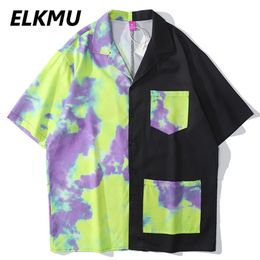 ELKMU Summer Shirts Tie-dye Colour Block Patchwork Shirt Hip Hop Streetwear Loose Blouse Male Harajuku Pocket Design HE668 210626