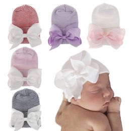 New Autumn Winter Sweet Infant Baby Bowknot Hat Child Babies Stripe Hats Soft Beanie Double Layer Babies Knitted Hat